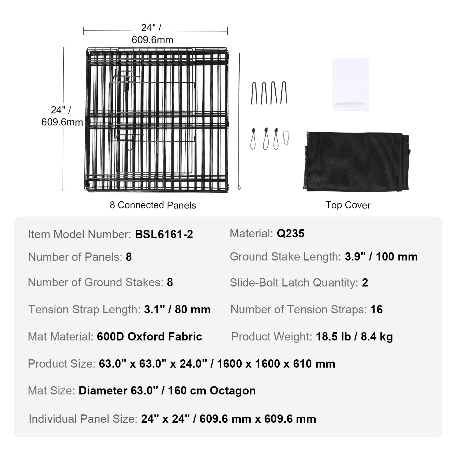 Dog Playpen, 8 Panels Foldable Metal Dog Exercise Pen With Top Cover, 24" H Pet Fence Puppy Crate Kennel With Ground Stakes, Indoor Outdoor Dog Pen For Small Medium Pets, For Camping, Yard_maomaolike.com